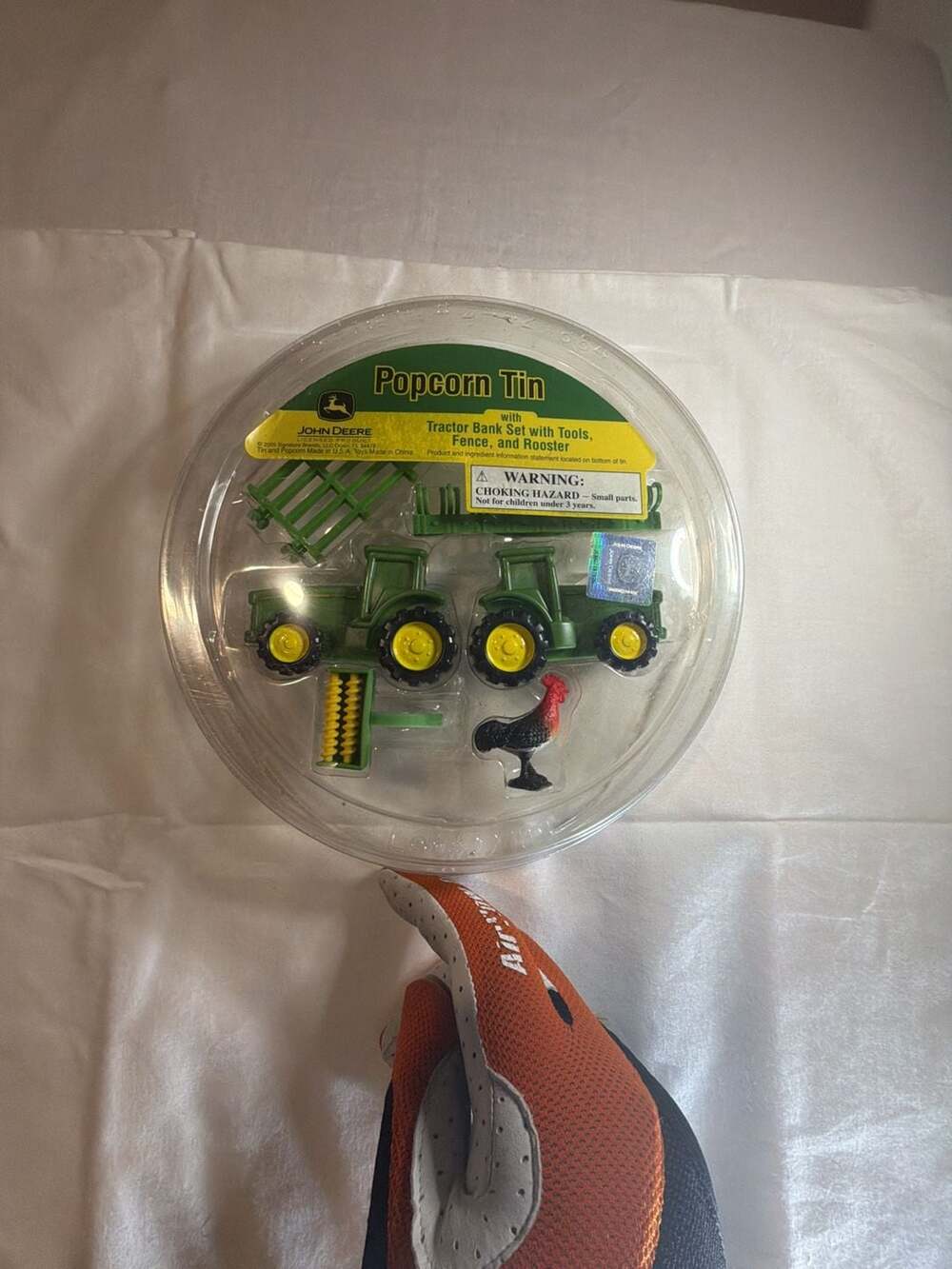 John Deere Popcorn Tin With Tractor Bank Set Tools Fence And Rooster